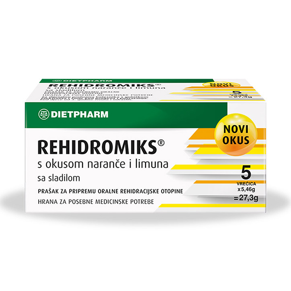 DIETPHARM РЕХИДОРМИКС ЕЛЕКТРОЛИТИ СО ВКУС НА ЛИМОН И ПОРТОКАЛ X5 прашок за орална употреба , парчиња