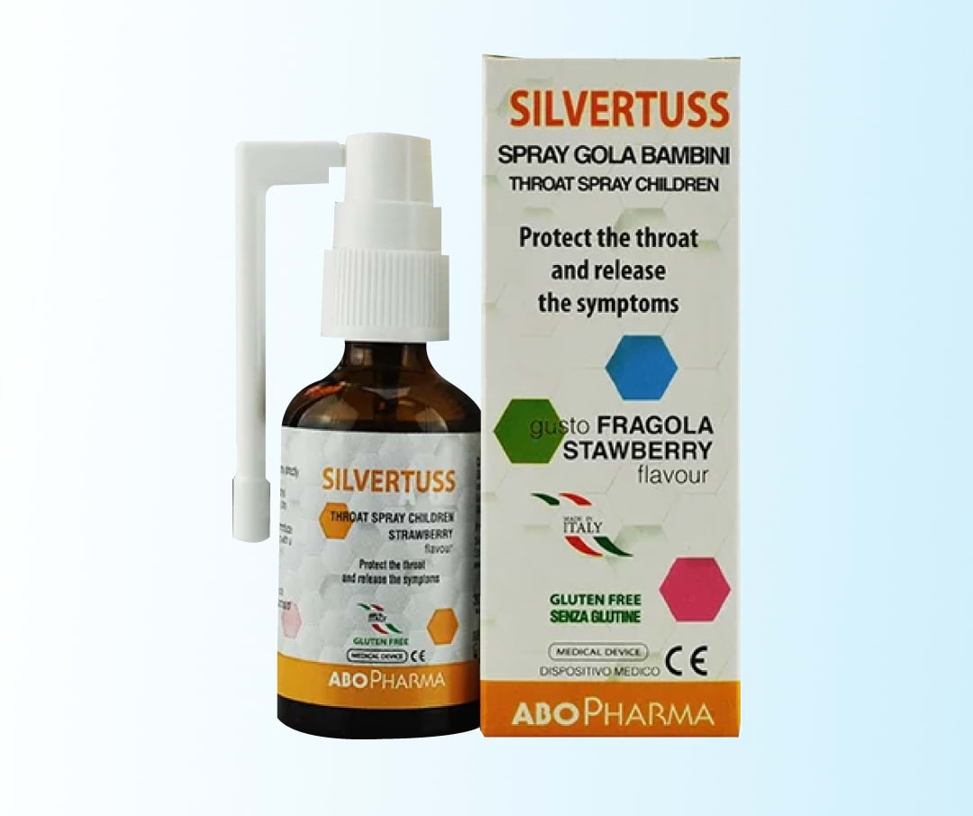 ABOPHARMA SILVERTUSS СПРЕЈ ЗА ГРЛО, ЗА ДЕЦА СО ВКУС НА ЈАГОДА спреј за уста , 30 ml